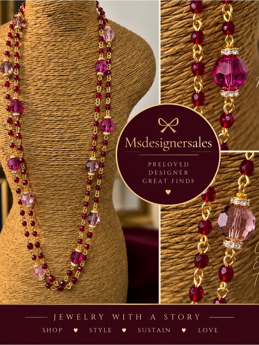 Gold-Linked Pink & Burgundy Bead Necklace